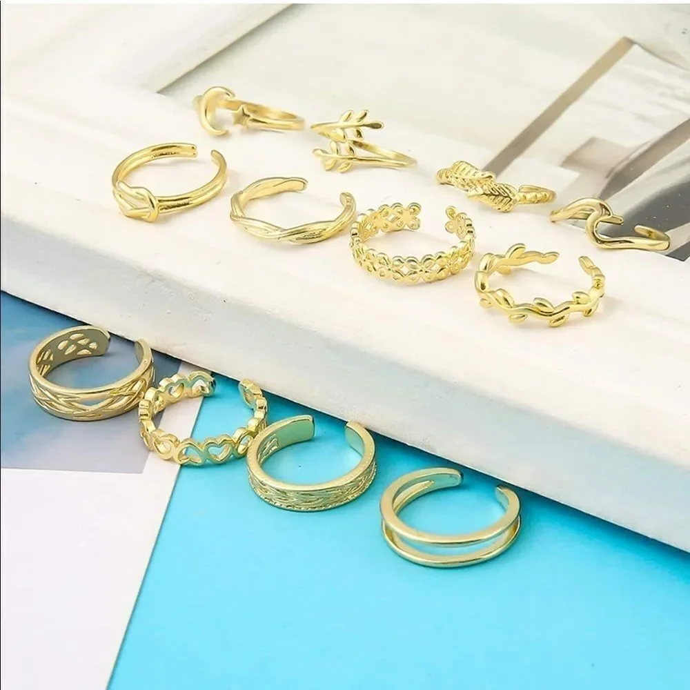 Yellow Gold Adjustable Open Toe Rings - Set of 12 - Picture 2 of 7